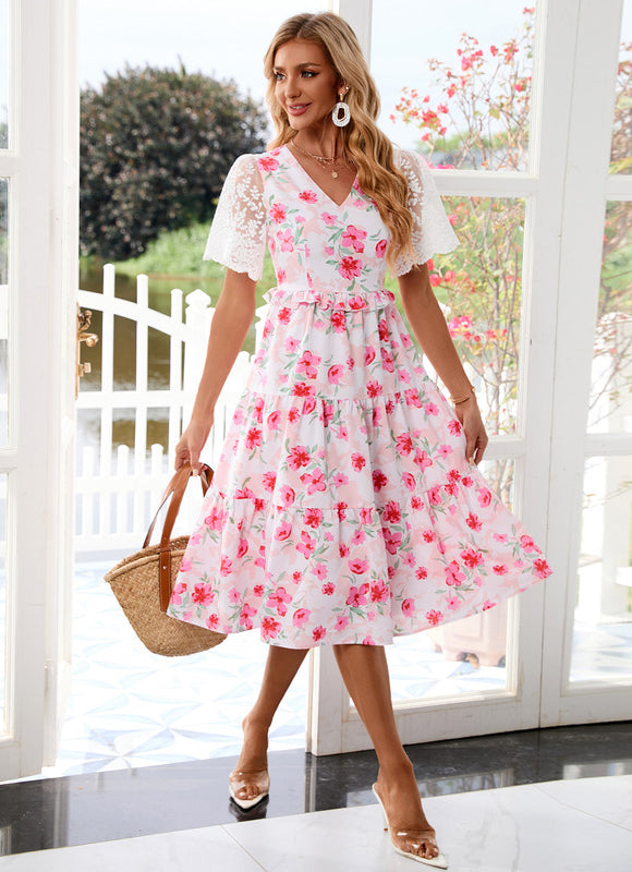 Robe Pastel Rose Imprimé Fleurs Midi - gallery 5