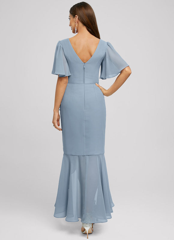 Robe Pastel Bleu Sirène Col V Volants - gallery 6