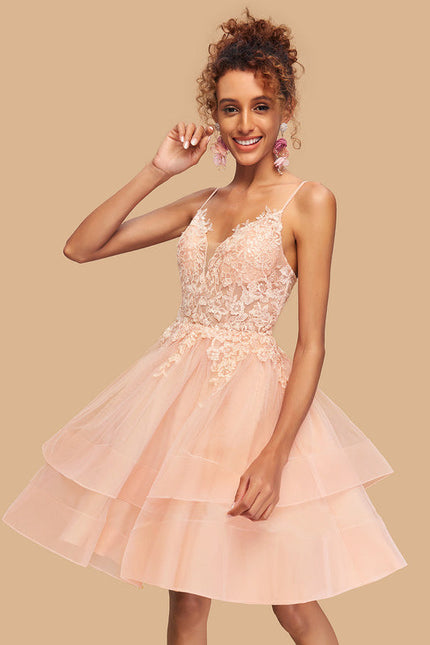 Robe Pastel Rose Col V Tulle Dentelle - gallery 3