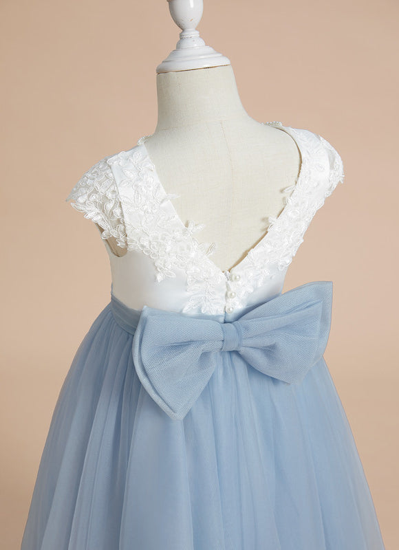 Robe Pastel Bleu Col Rond Satin Tulle - gallery 4