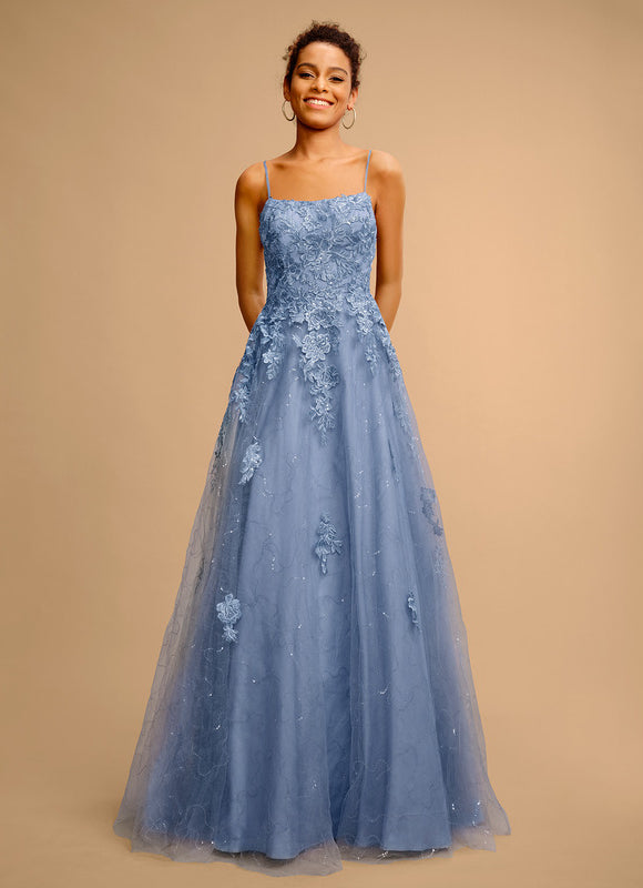 Robe Pastel Bleu Col Carré Tulle Paillettes