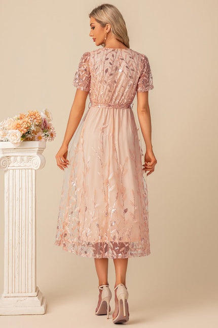 Robe Pastel Rose Pailletée Longueur Mollet - gallery 3