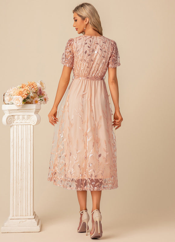 Robe Pastel Rose Pailletée Longueur Mollet - gallery 3