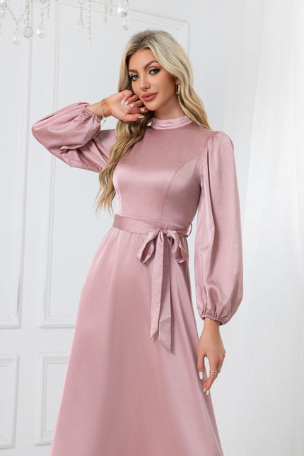 Robe Pastel Rose Satin Col Montant - gallery 3