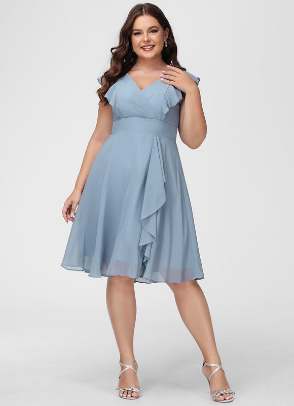 Robe Pastel Bleu Col V Mousseline Volants - gallery 6