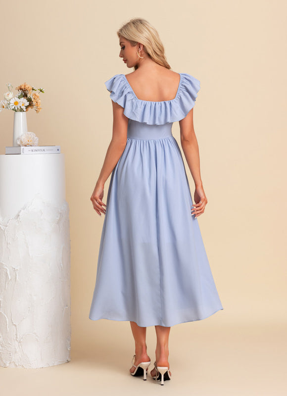 Robe Pastel Bleu Col Carré Midi - gallery 1
