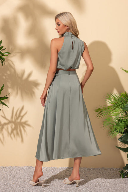 Robe Pastel Rose Satin Col Montant - gallery 4
