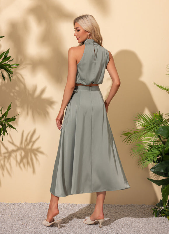 Robe Pastel Rose Satin Col Montant - gallery 4