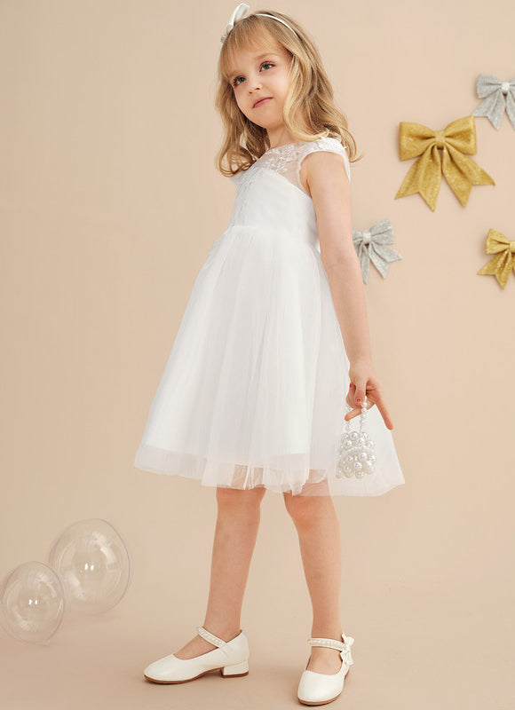 Robe Pastel Crème Dentelle Col Rond Genoux - gallery 3