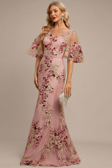 Robe Pastel Rose Col V Dentelle Élégante - gallery 5