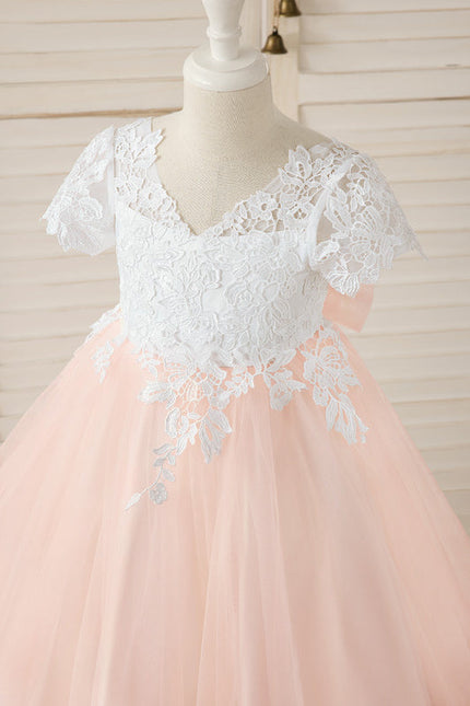 Robe Pastel Rose Col V En Tulle - gallery 7