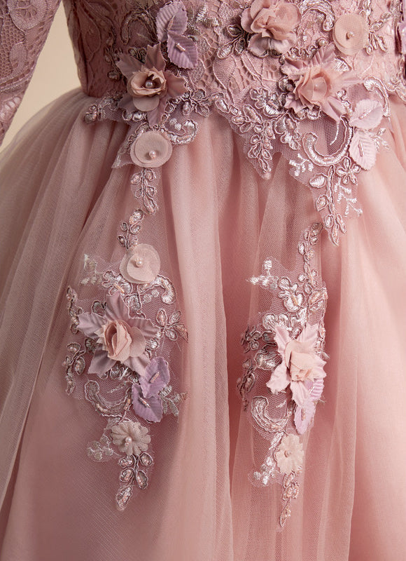 Robe Pastel Rose Asymétrique Col Rond Fleurs - gallery 6