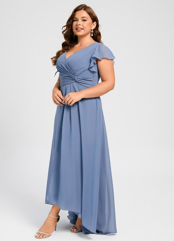 Robe Pastel Bleu Asymétrique Col V Volants - gallery 8