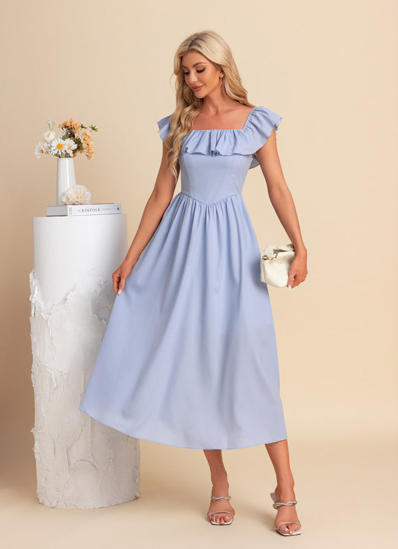 Robe Pastel Bleu Col Carré Midi