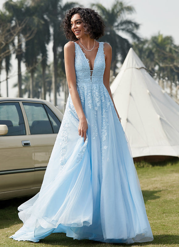 Robe Pastel Bleu Col V Traîne Dentelle - gallery 7