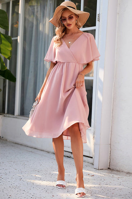 Robe Pastel Rose Col V Trapèze Midi - gallery 2