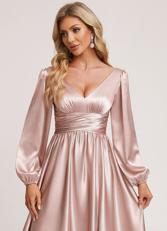 Robe Pastel Rose Satin Longueur Ras Du Sol - gallery 5