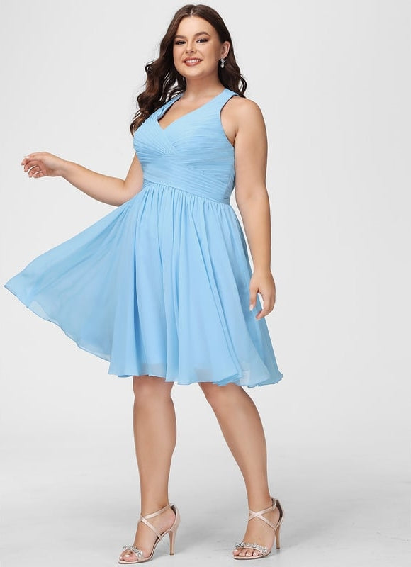 Robe Pastel Bleu Col V Trapèze Mousseline - gallery 6