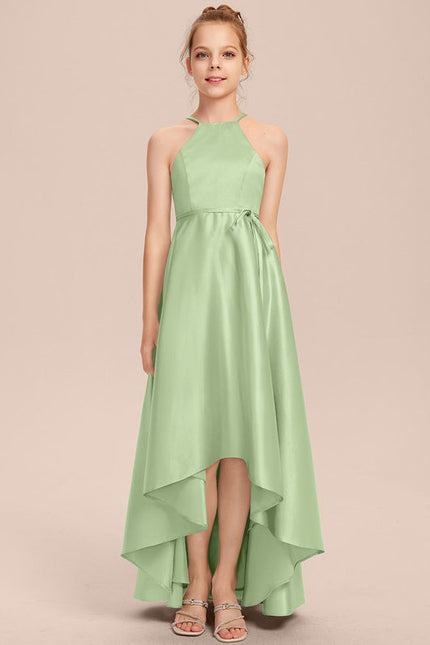 Robe Pastel Satin Bleu-Vert Trapèze Asiatique - gallery 3