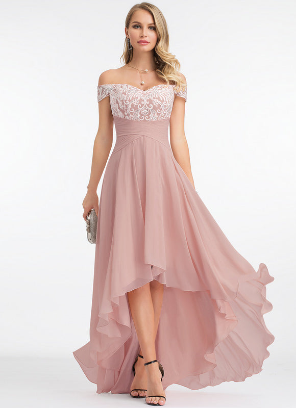 Robe Pastel Rose Asymétrique Dentelle Élégante - gallery 2