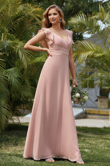 Robe Pastel Rose Demoiselle D'Honneur À Volants - gallery 1