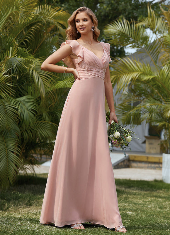 Robe Pastel Rose Demoiselle D'Honneur À Volants - gallery 1