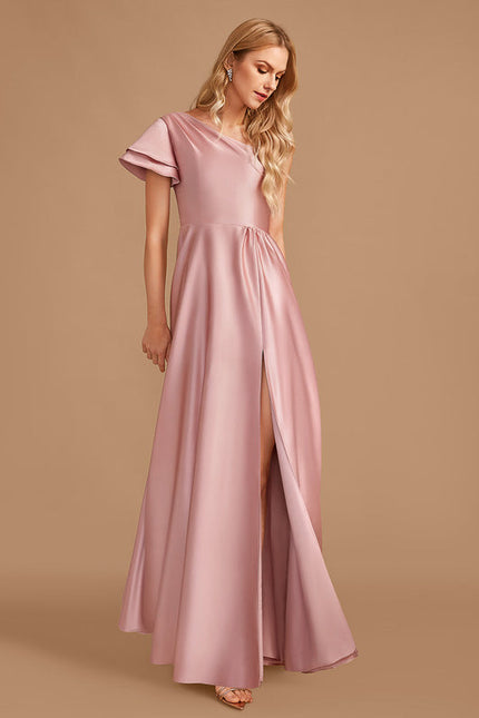 Robe Pastel Rose Décolleté Asymétrique Satin - gallery 6