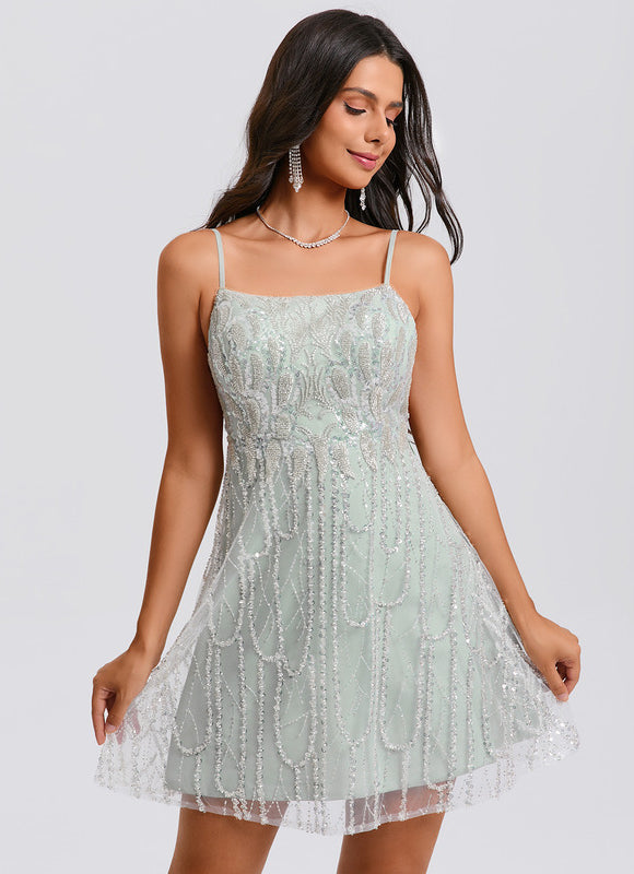 Robe Pastel Vert Pailletée Trapèze Mini - gallery 2
