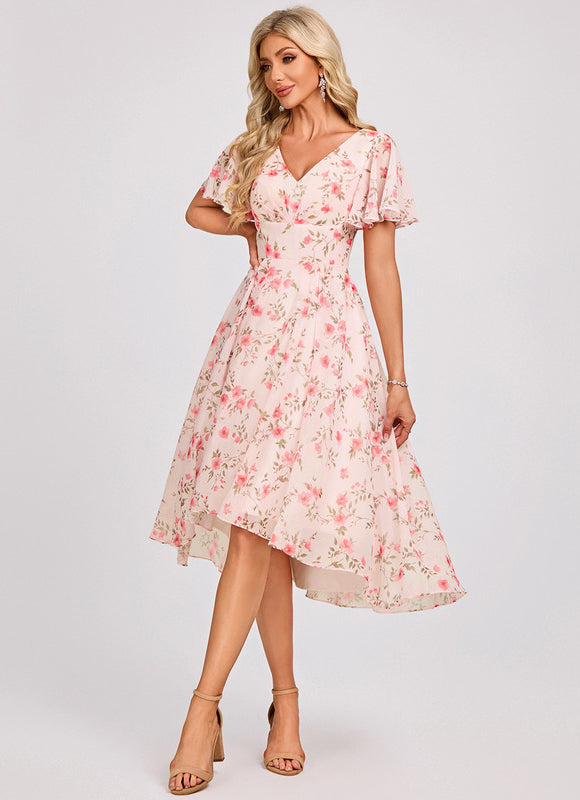 Robe Pastel Bleu Asymétrique Col V Volants - gallery 2
