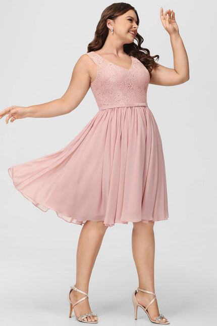 Robe Pastel Rose Col V Dentelle Genou - gallery 9