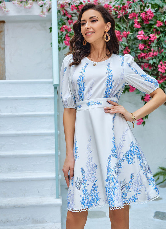 Robe Pastel Blanche Imprimée Fleurs Bleu - gallery 2