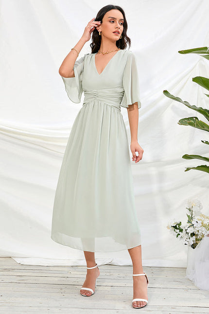 Robe Pastel Rose Col V Trapèze Midi - gallery 1