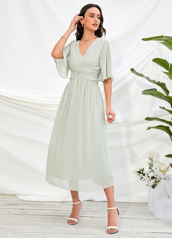 Robe Pastel Rose Col V Trapèze Midi - gallery 1
