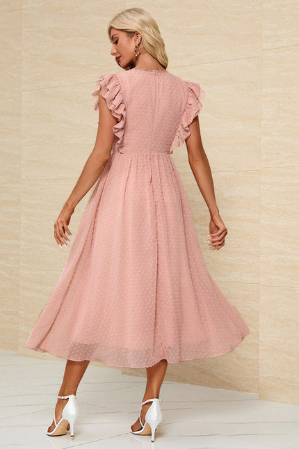 Robe Pastel Rose Col V Trapèze Midi - gallery 1