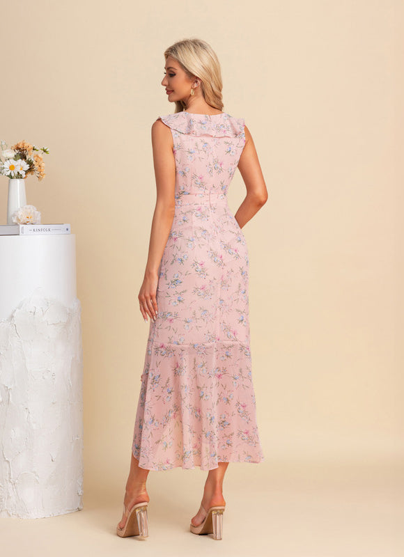 Robe Pastel Rose À Volants Fleurie - gallery 1