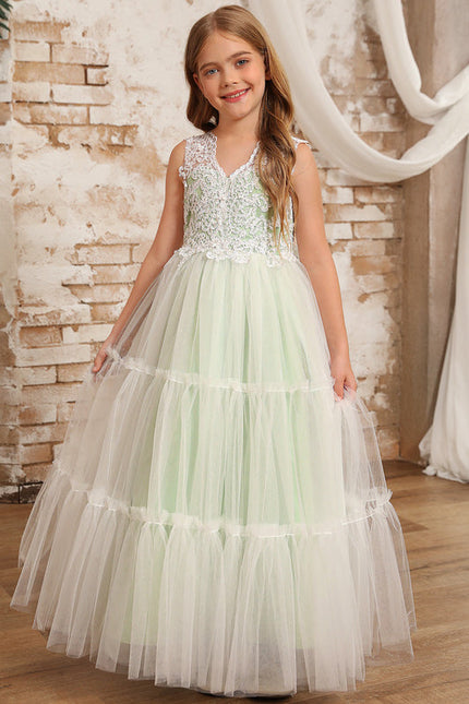 Robe Pastel Verte Col V Dentelle Enfant - gallery 1