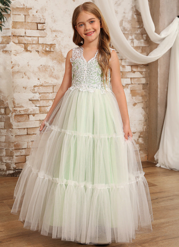Robe Pastel Verte Col V Dentelle Enfant - gallery 1