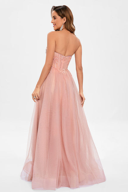 Robe Pastel Rose Col V Tulle Paillettes - gallery 1