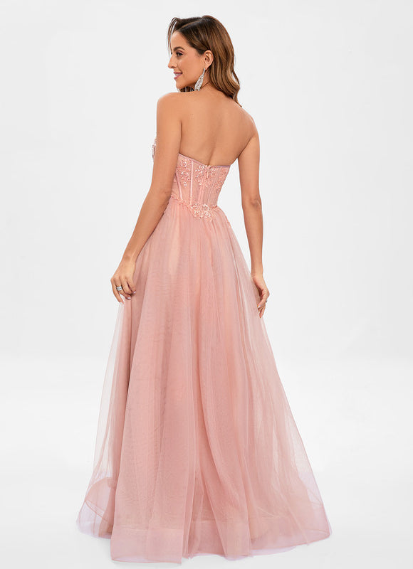 Robe Pastel Rose Col V Tulle Paillettes - gallery 1
