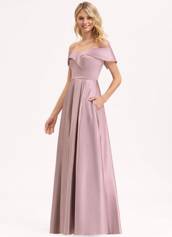 Robe Pastel Rose Épaule Dénudée Satin - gallery 3