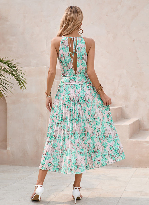 Robe Pastel Verte Imprimée Fleuri Midi - gallery 5