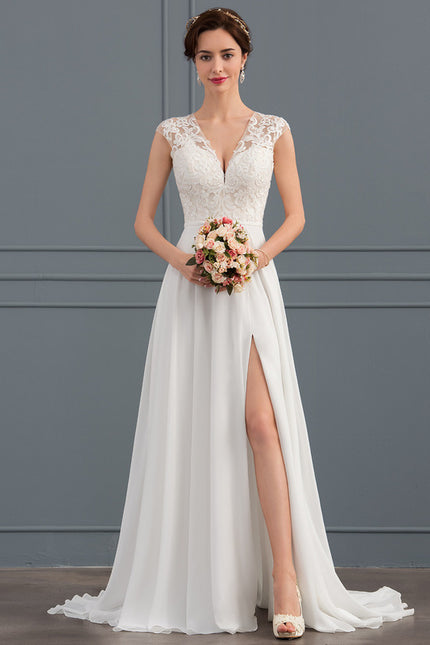 Robe Pastel Blanche Col V Traîne Dentelle