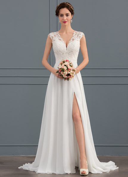 Robe Pastel Blanche Col V Traîne Dentelle