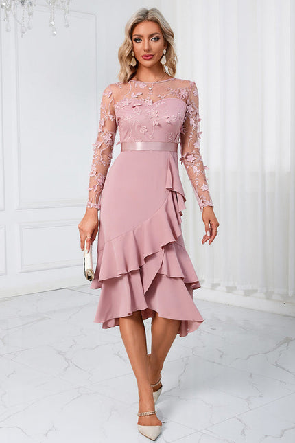Robe Pastel Rose Fleurs À Volants Midi - gallery 5