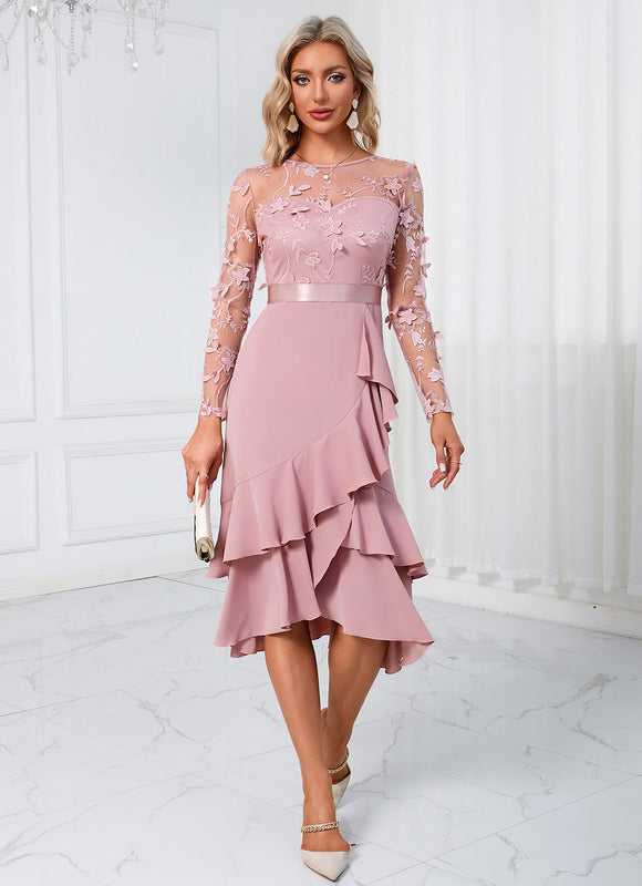 Robe Pastel Rose Fleurs À Volants Midi - gallery 5