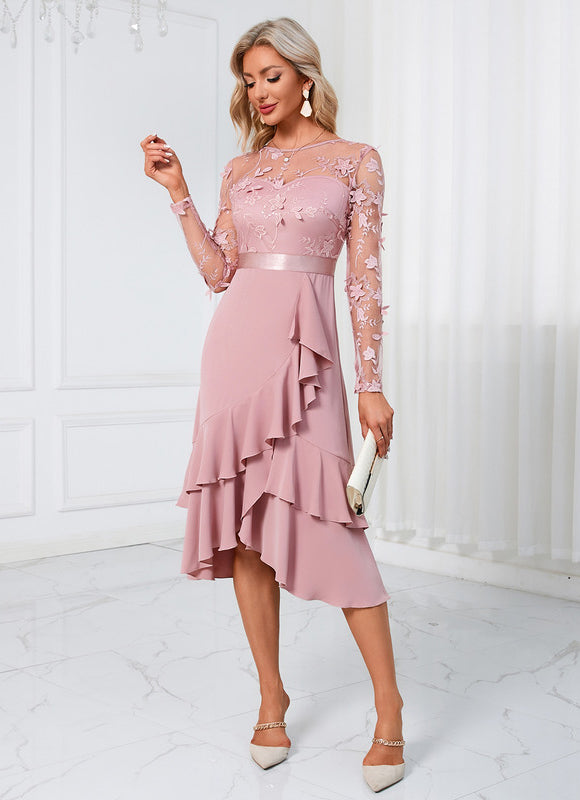 Robe Pastel Rose Fleurs À Volants Midi - gallery 3