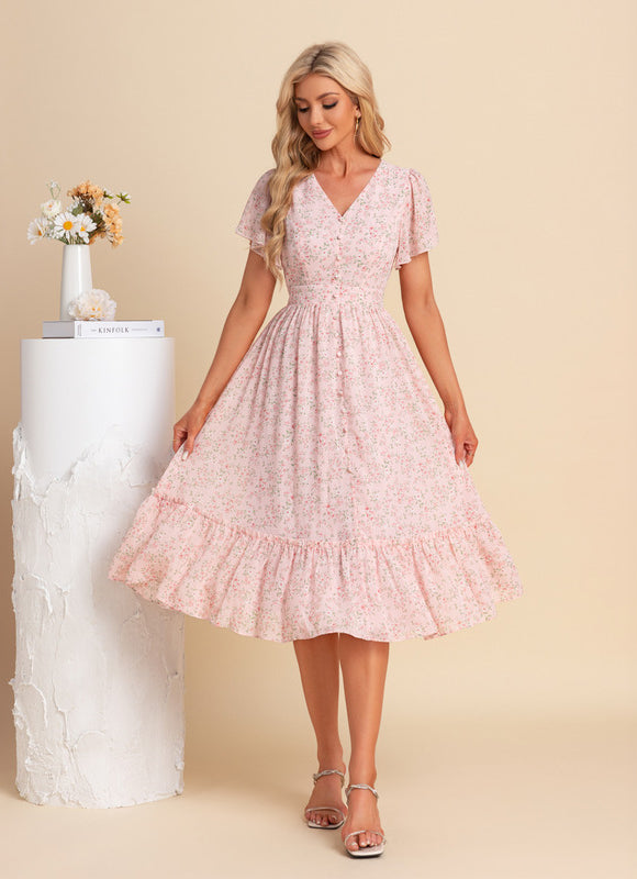 Robe Pastel Fleurie Rose Midi Volants - gallery 4
