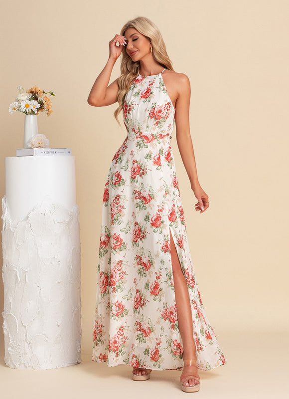 Robe Pastel Florale Licou Blanc Maxi