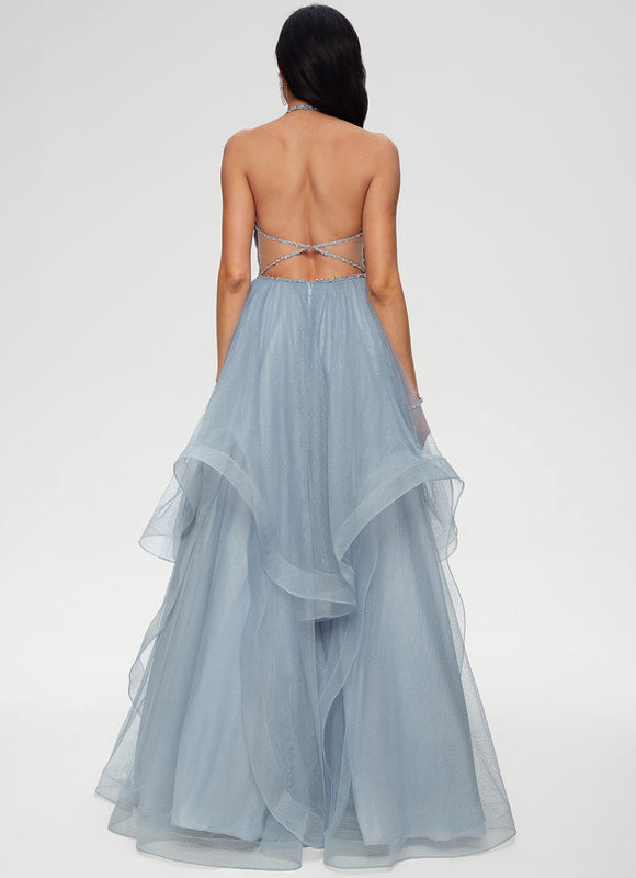 Robe Pastel Bleu Col V Tulle Bal - gallery 1
