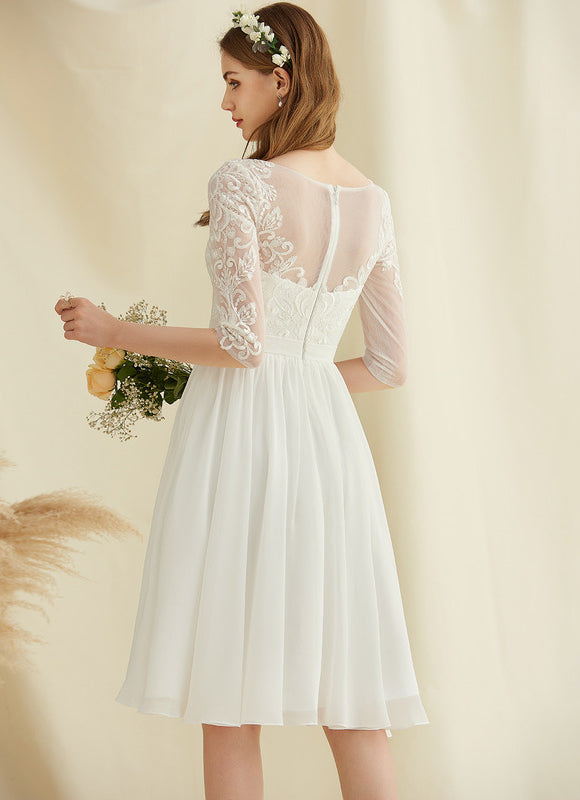Robe Pastel Blanche Dentelle Mousseline Genou - gallery 3